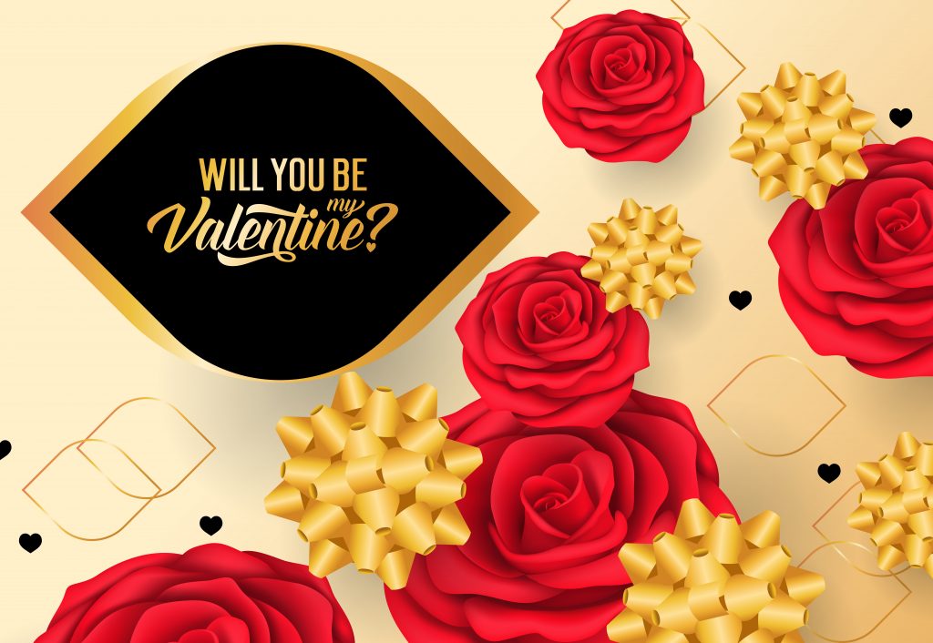 Will you be my Valentine lettering with red roses and yellow decorative bows on gradient background. Valentine Day holiday. Lettering can be used for invitations, greeting cards, leaflets