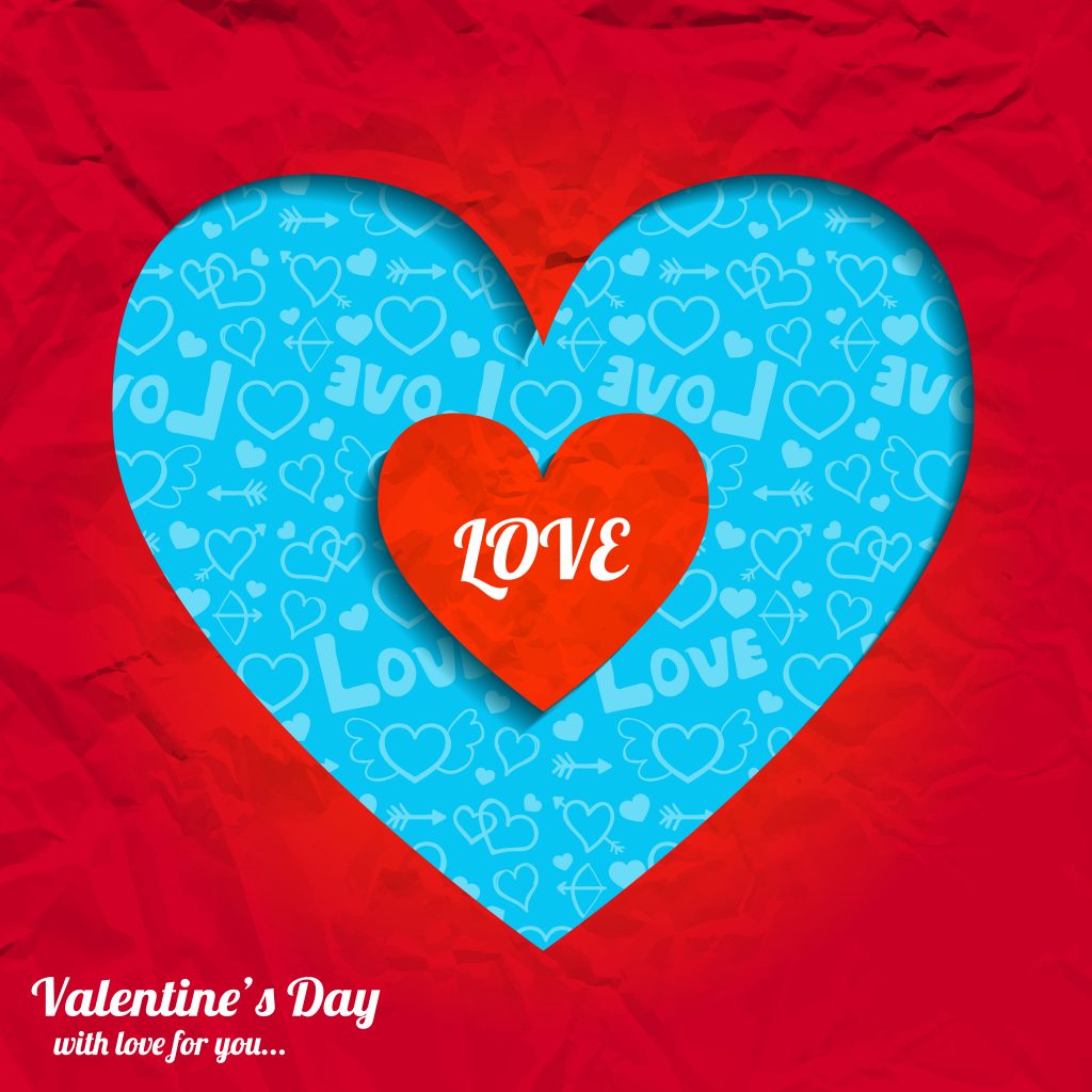 Valentines day romantic background with cut heart from red crumpled paper and blue icons pattern vector illustration