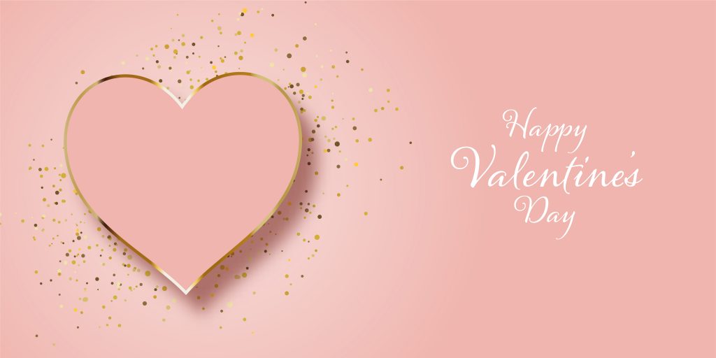 Valentines Day banner design with gold glitter and heart
